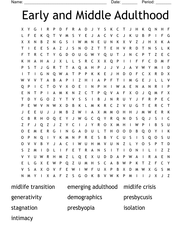 Early and Middle Adulthood Word Search