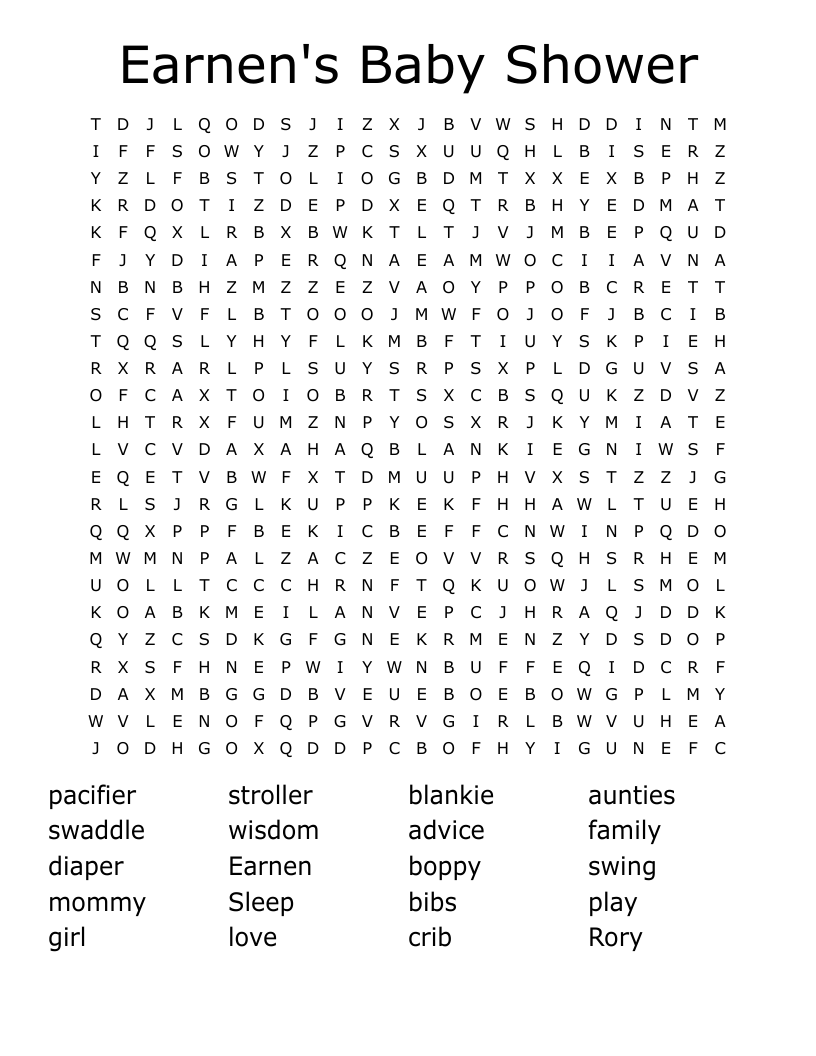 Earnen's Baby Shower Word Search