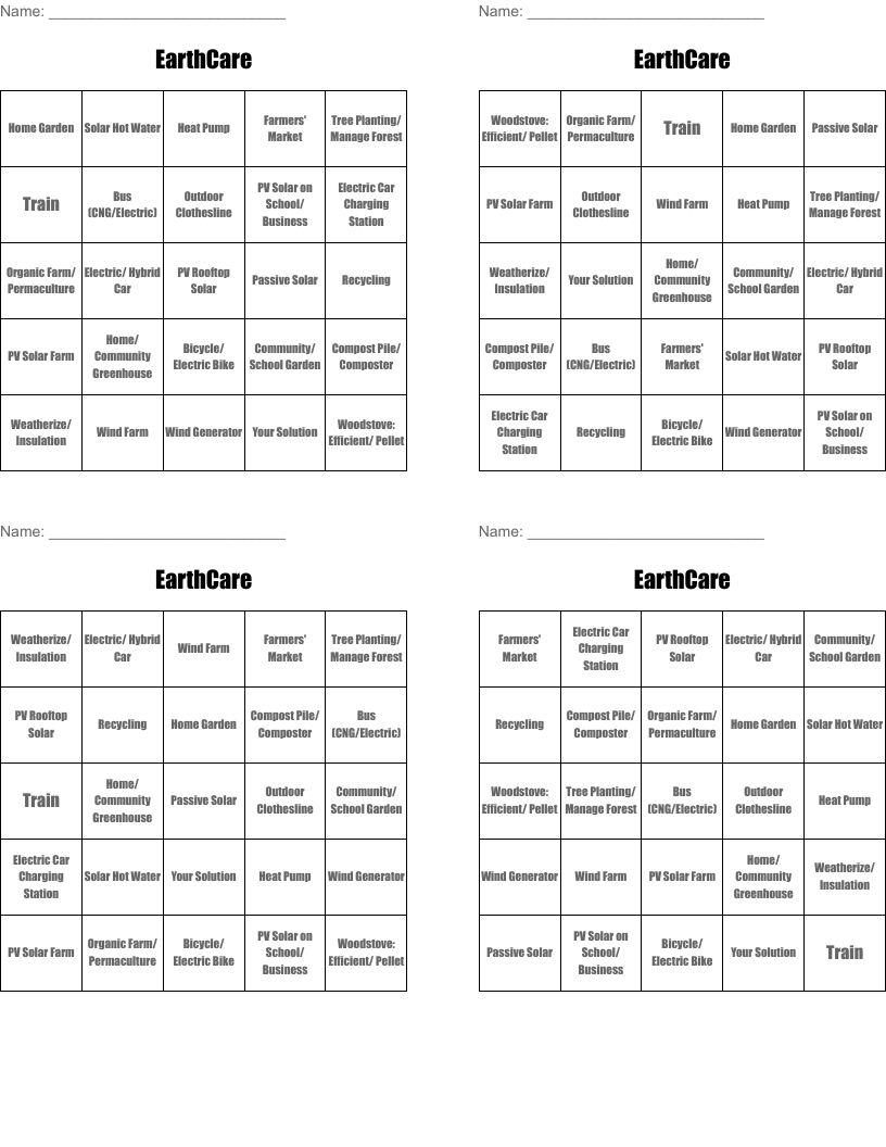 EarthCare Bingo Cards