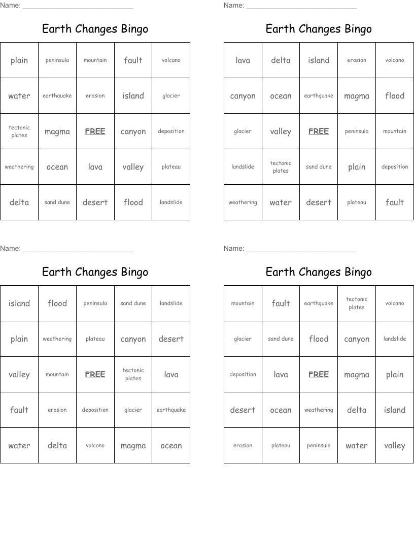 Earth Changes Bingo