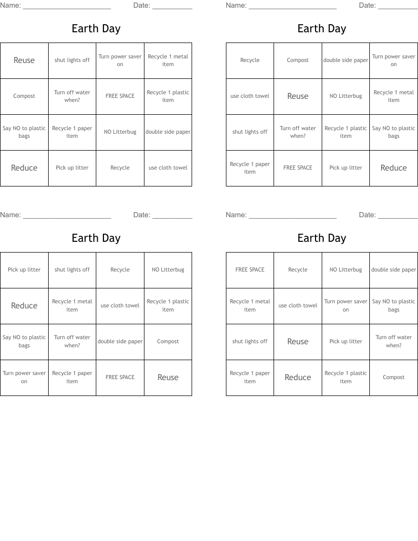 Earth Day Bingo Cards