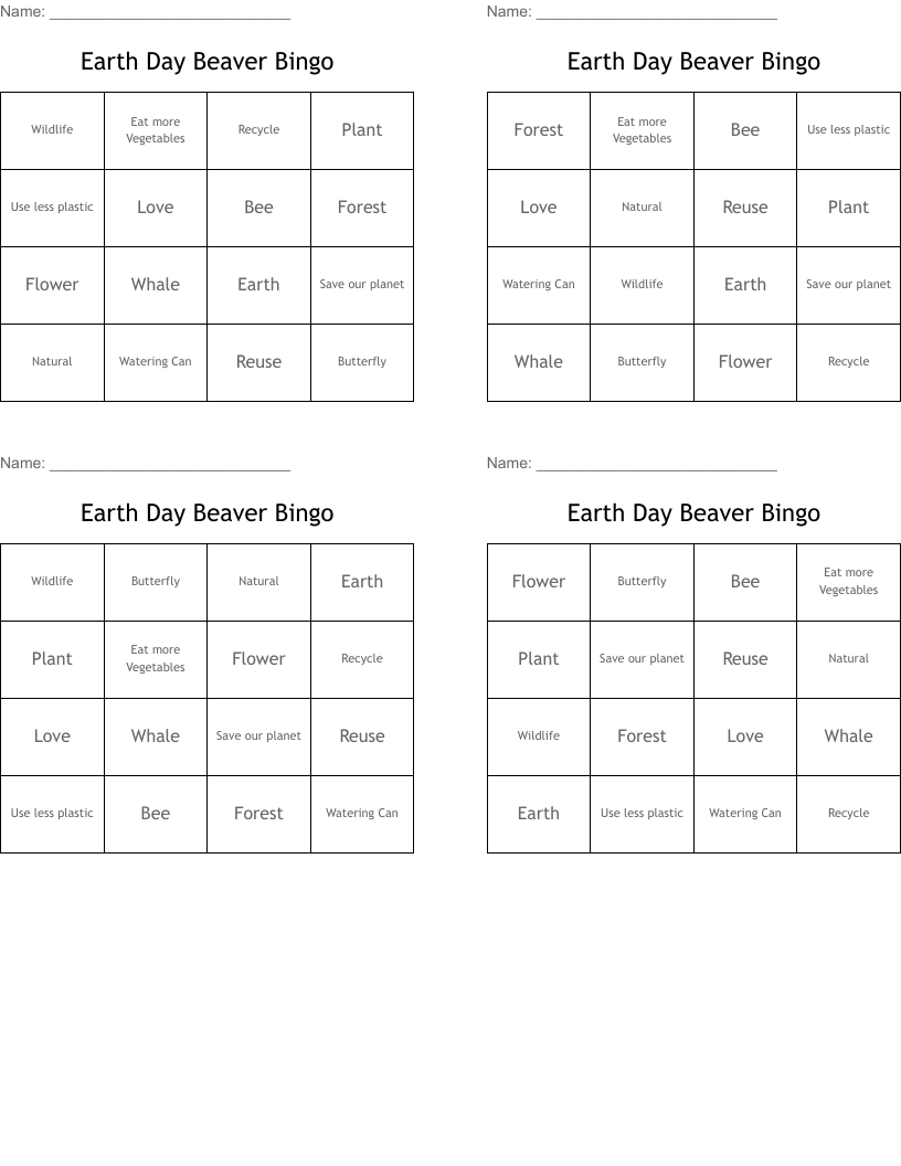 Earth Day Beaver Bingo