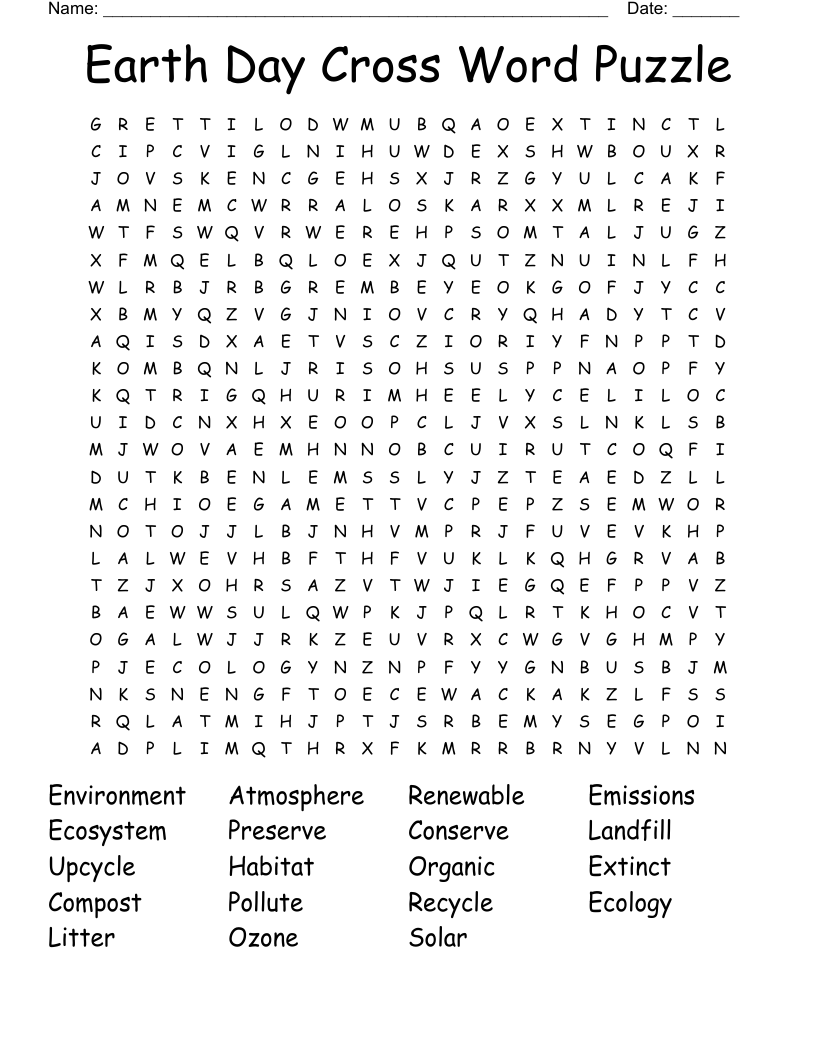 Earth Day Cross Word Puzzle Word Search