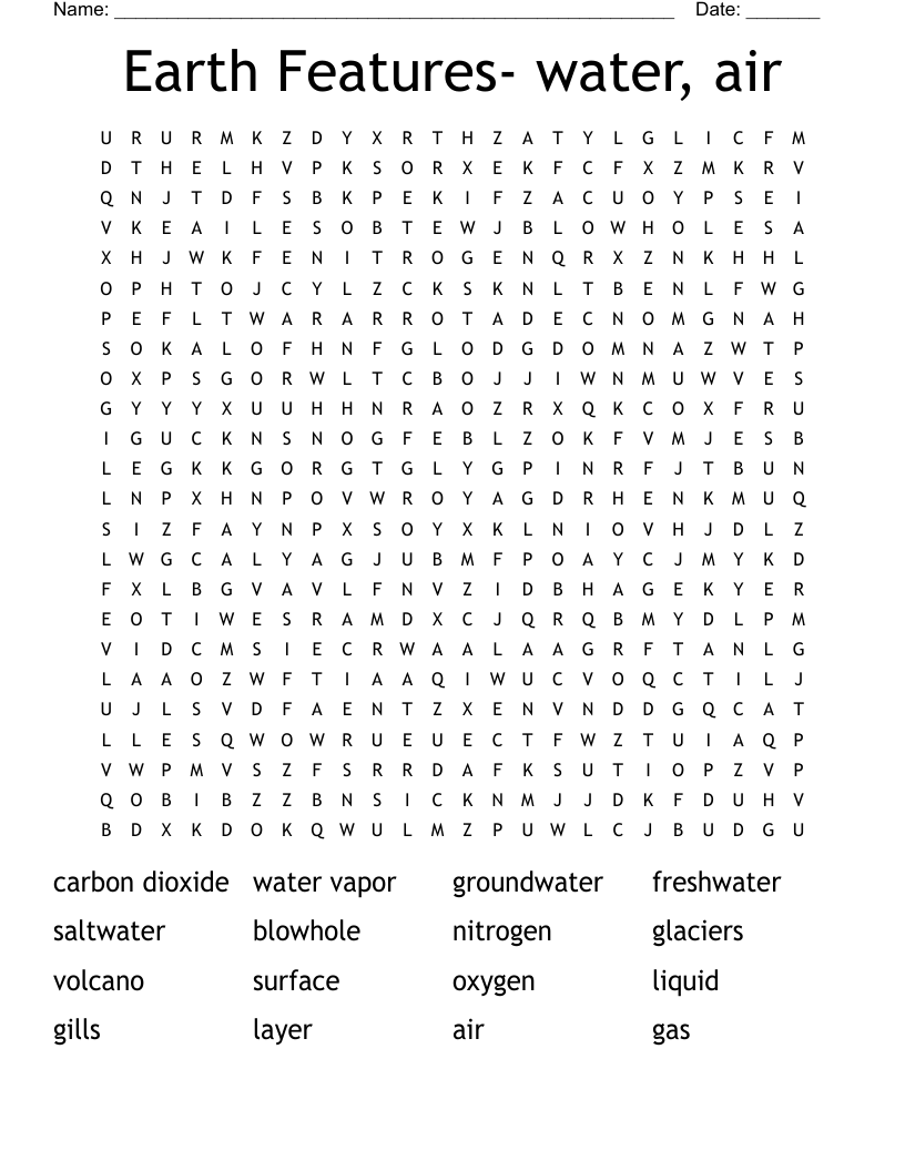 Earth Features- water, air Word Search