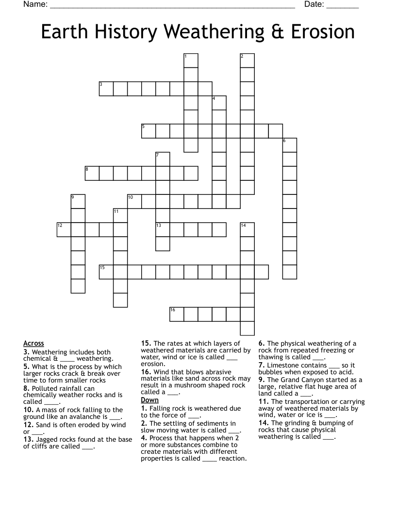 Earth History Weathering & Erosion Crossword