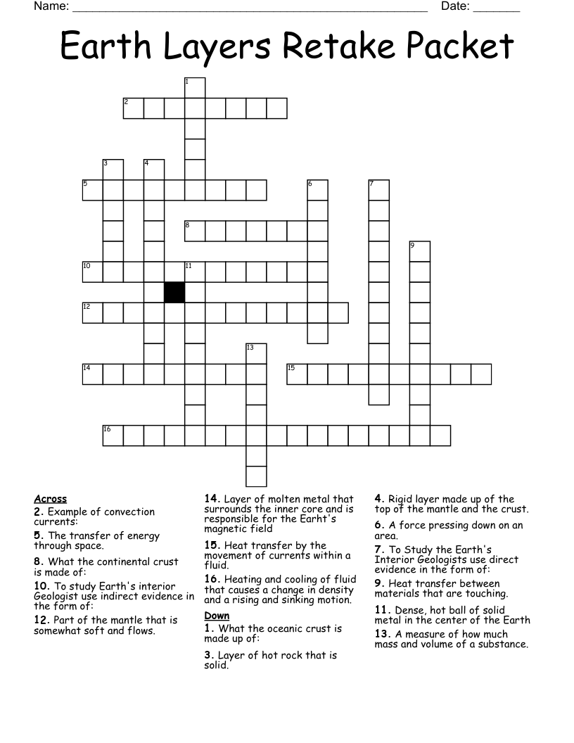 Earth Layers Retake Packet Crossword