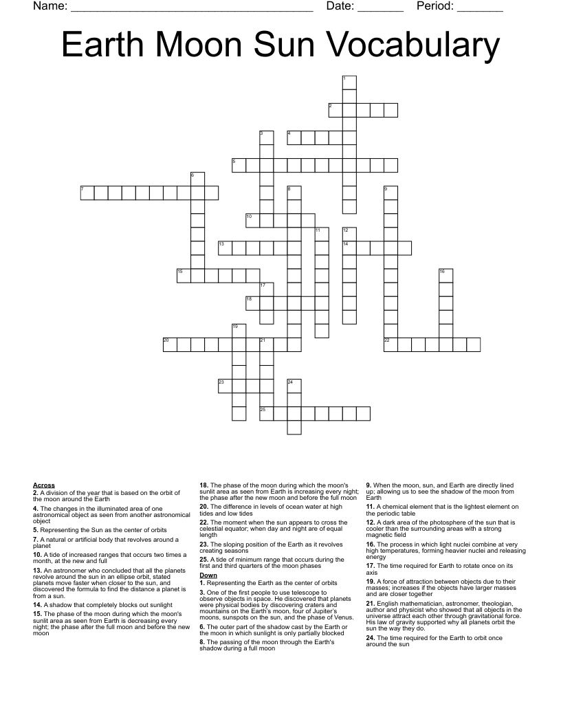 Earth Moon Sun Vocabulary Crossword
