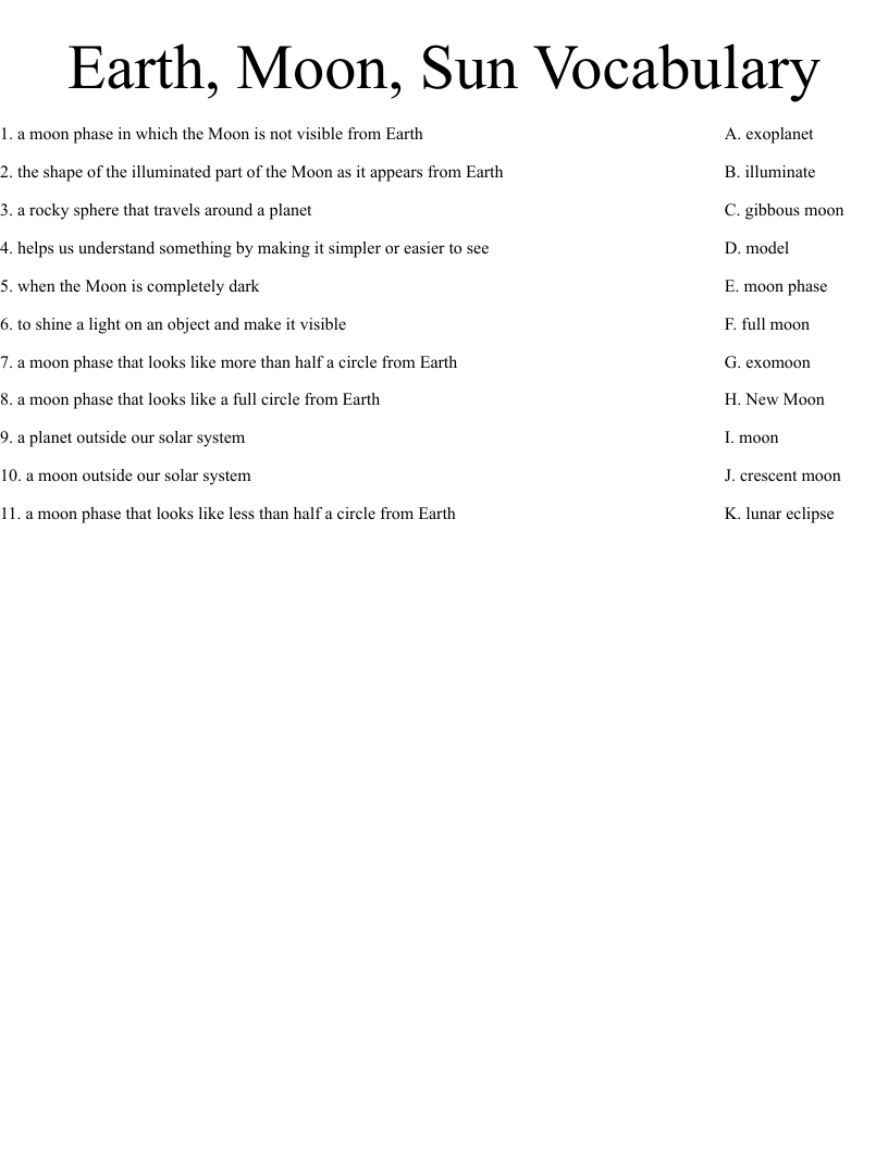 Earth, Moon, Sun Vocabulary  Worksheet