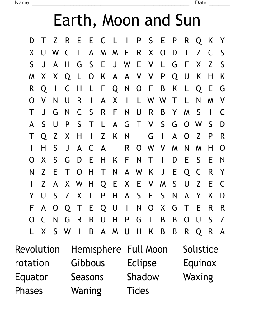 Earth, Moon and Sun Word Search