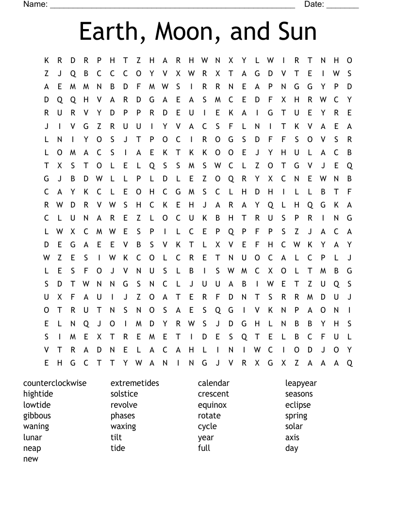 Earth, Moon, and Sun Word Search