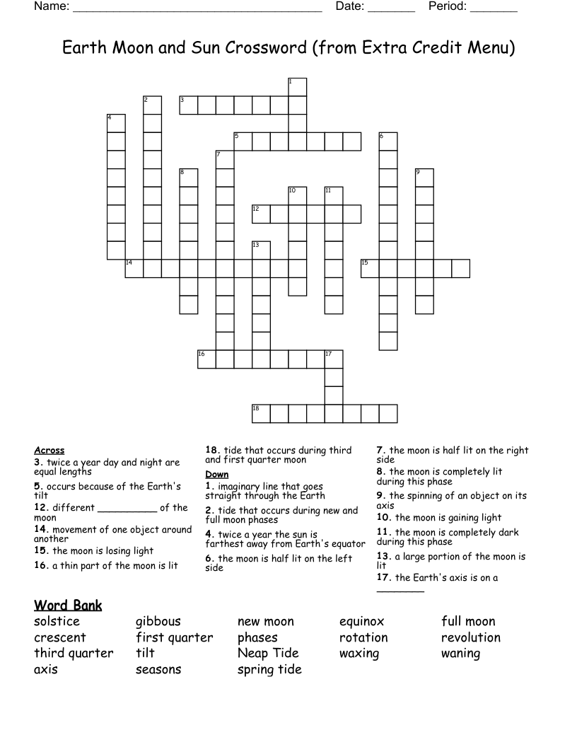 Earth Moon and Sun Crossword (from Extra Credit Menu) 