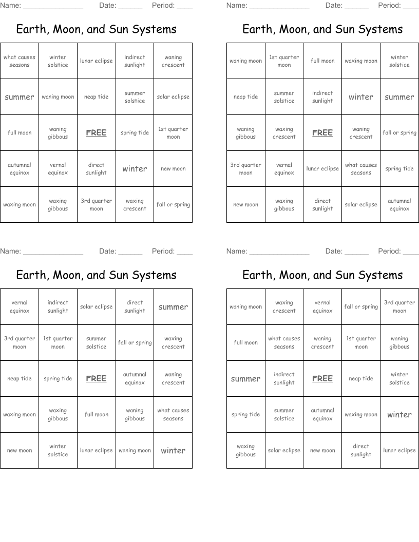 Earth, Moon, and Sun Systems Bingo Cards