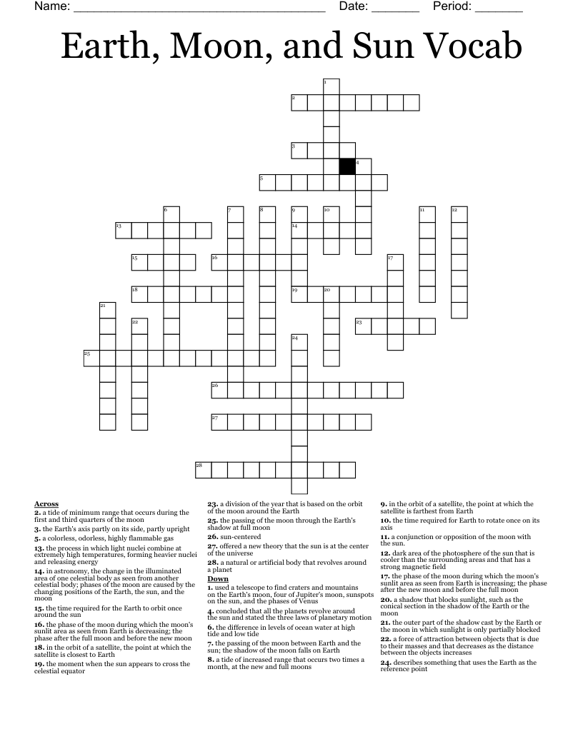 Earth, Moon, and Sun Vocab Crossword
