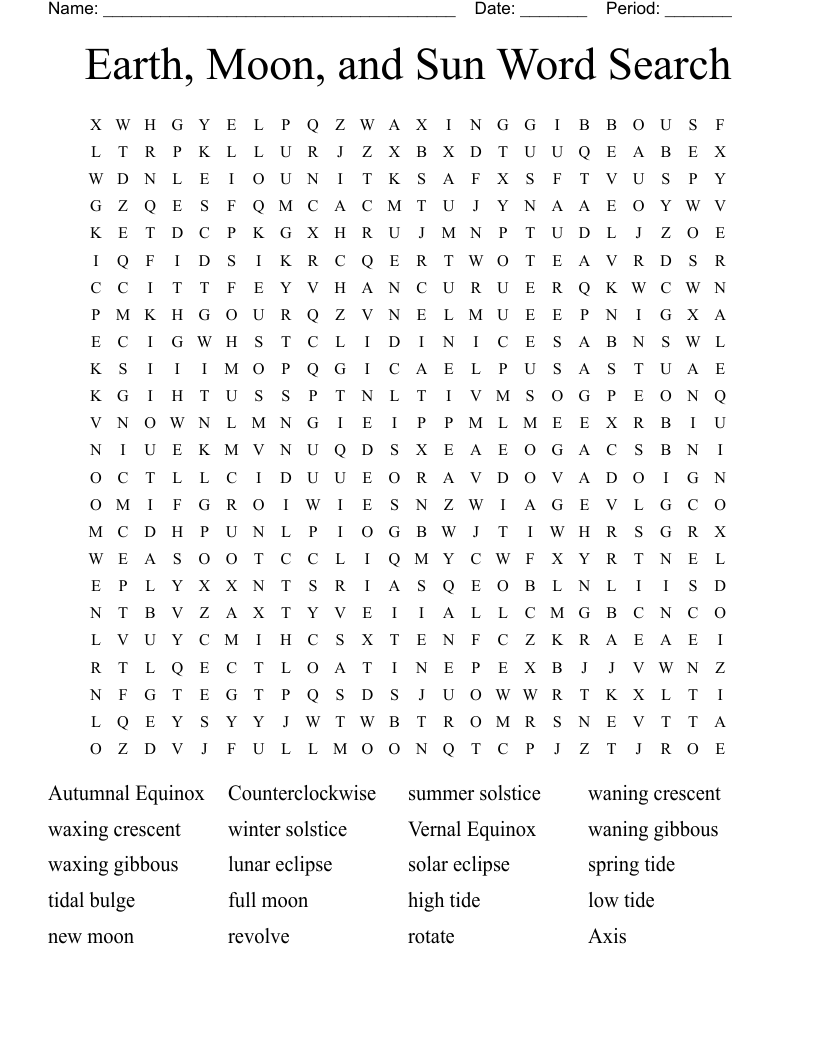 Earth, Moon, and Sun Word Search