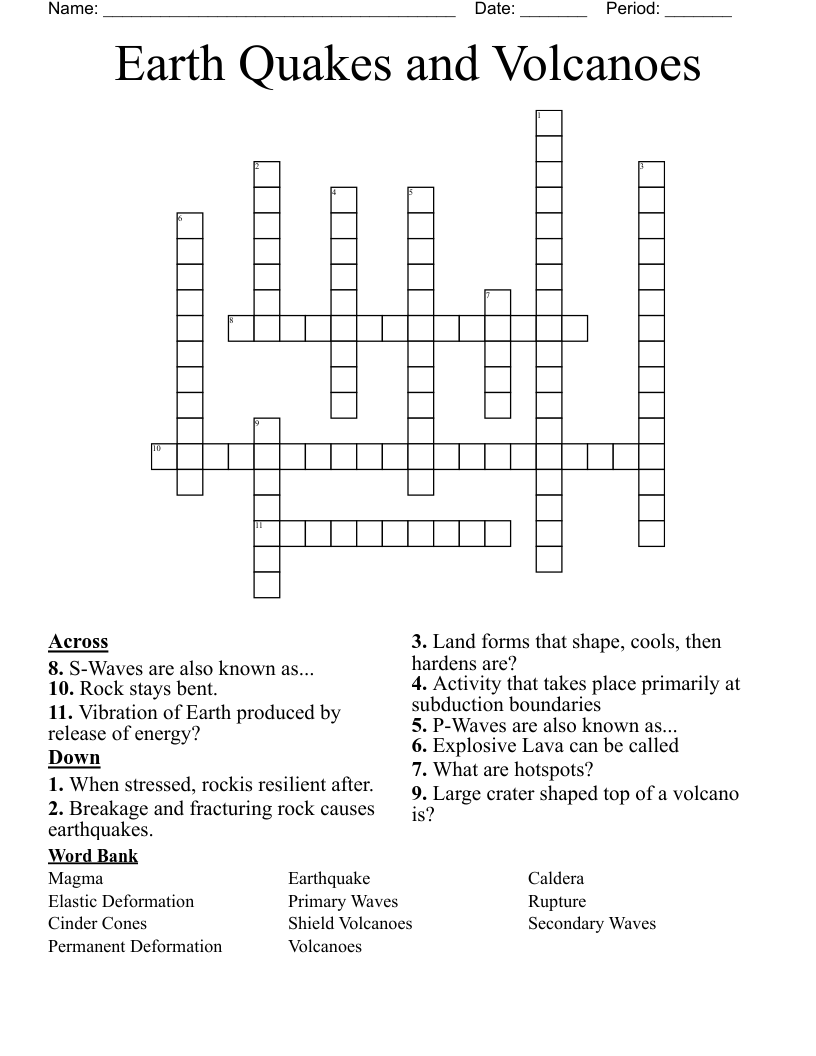 Earth Quakes and Volcanoes Crossword