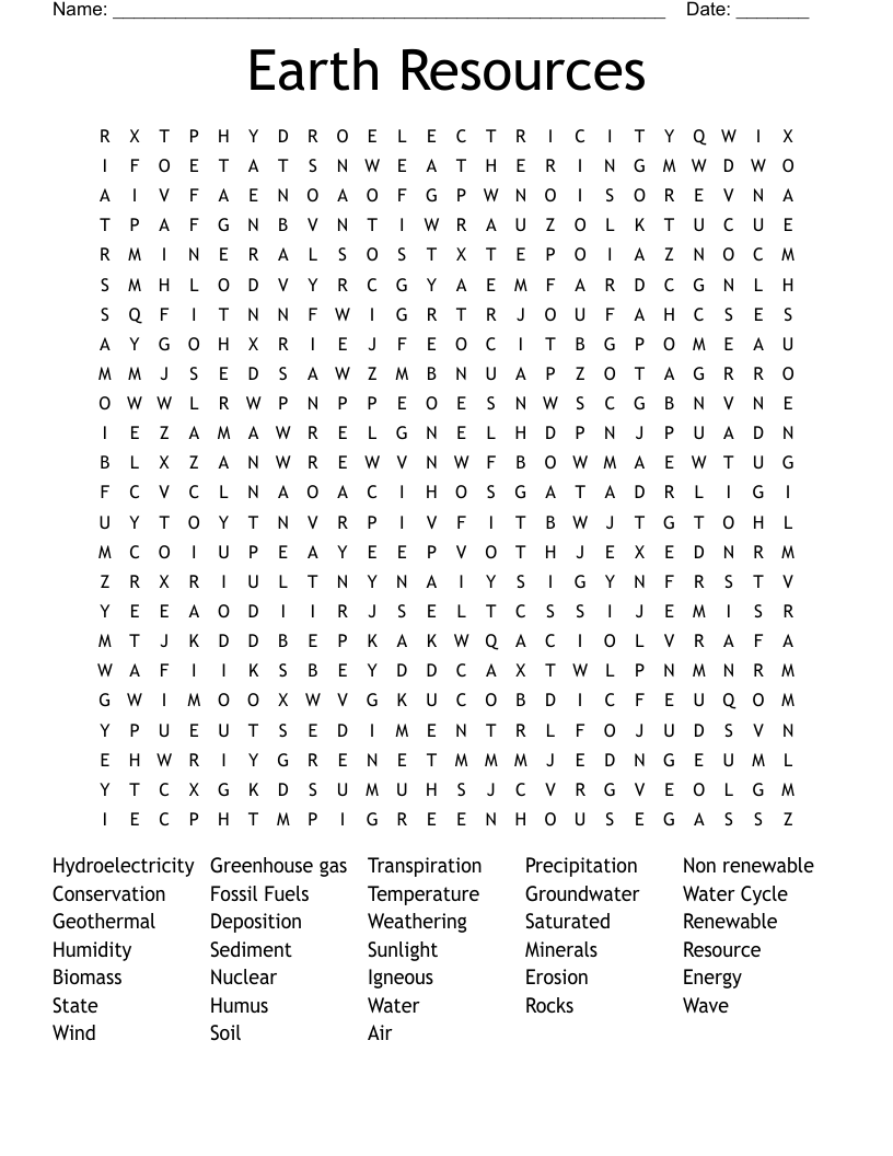 Earth Resources Word Search