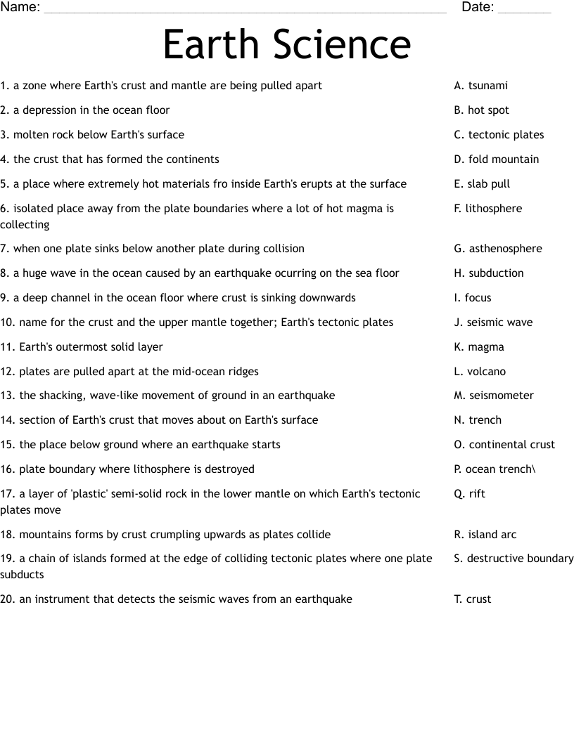 Earth Science Worksheet
