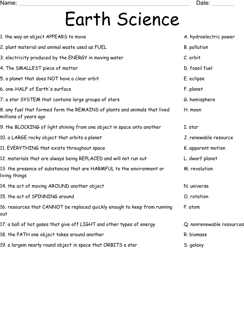 Earth Science Worksheet