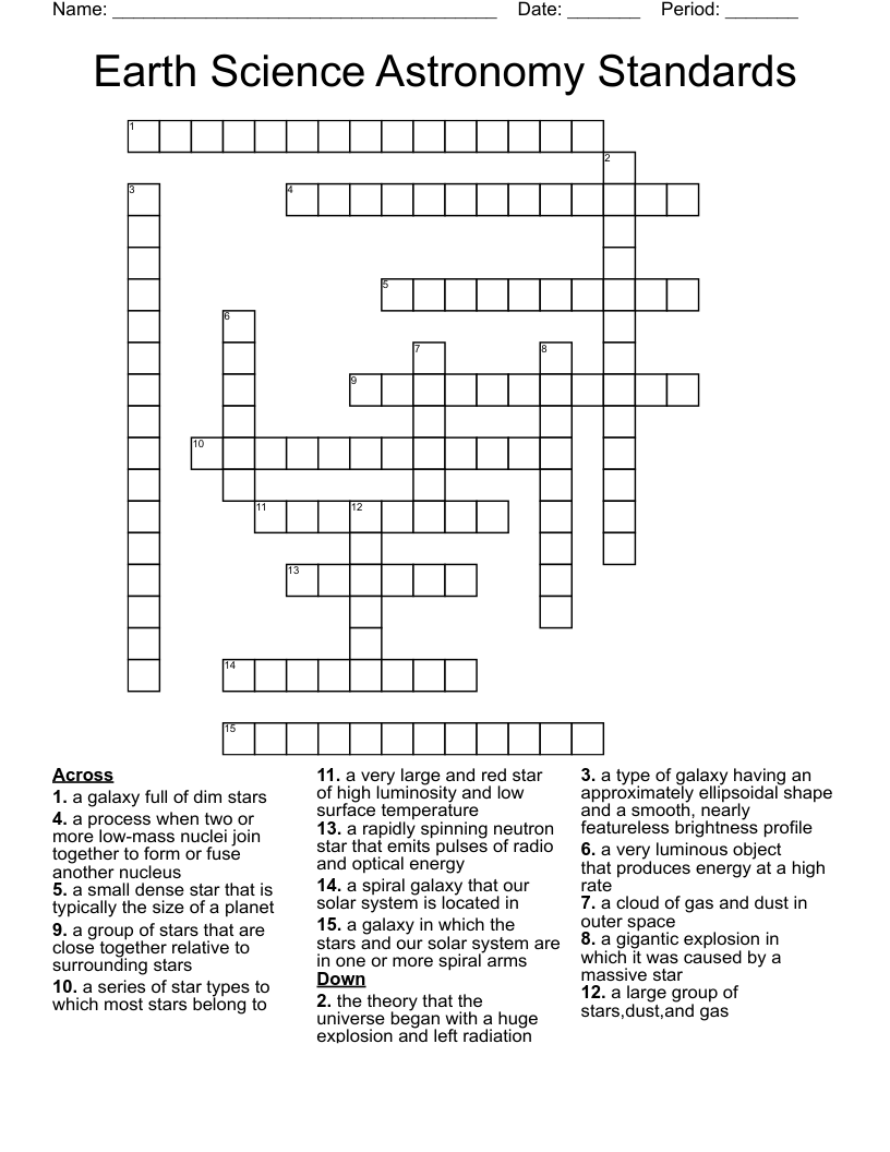 Earth Science Astronomy Standards Crossword