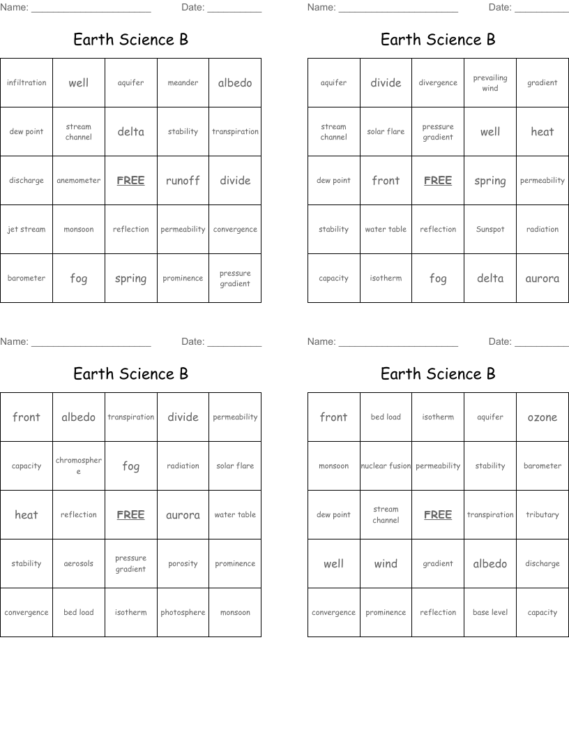 Earth Science B Bingo Cards