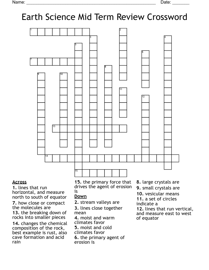 Earth Science Mid Term Review Crossword