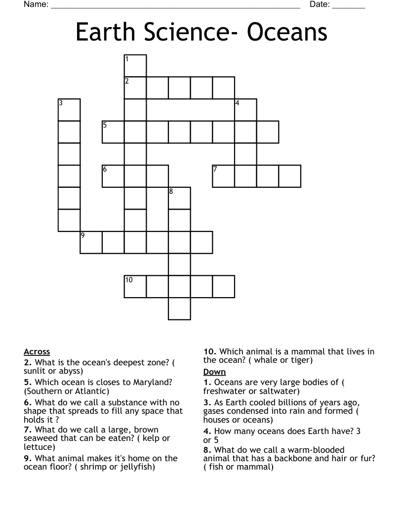 Earth Science- Oceans Crossword