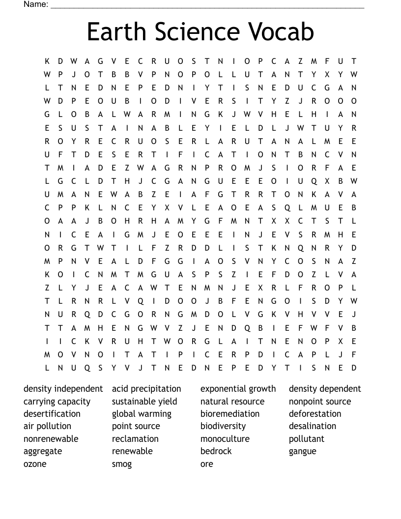 Earth Science Vocab Word Search