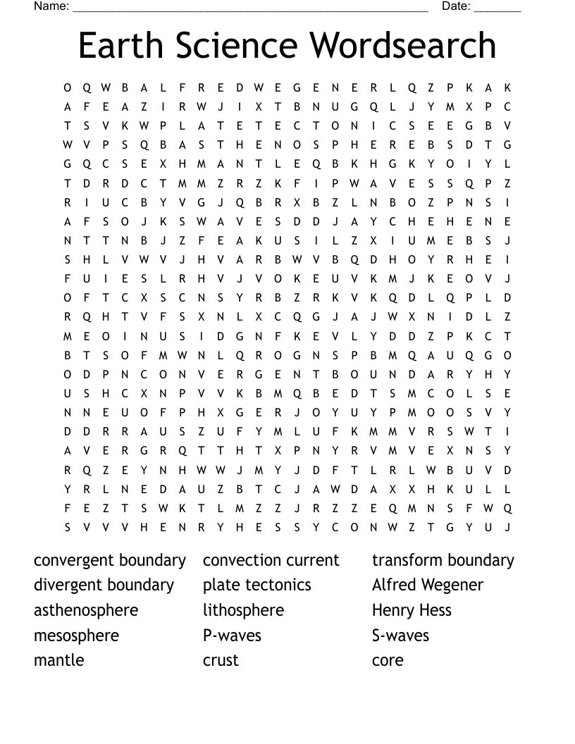 Earth Science Wordsearch