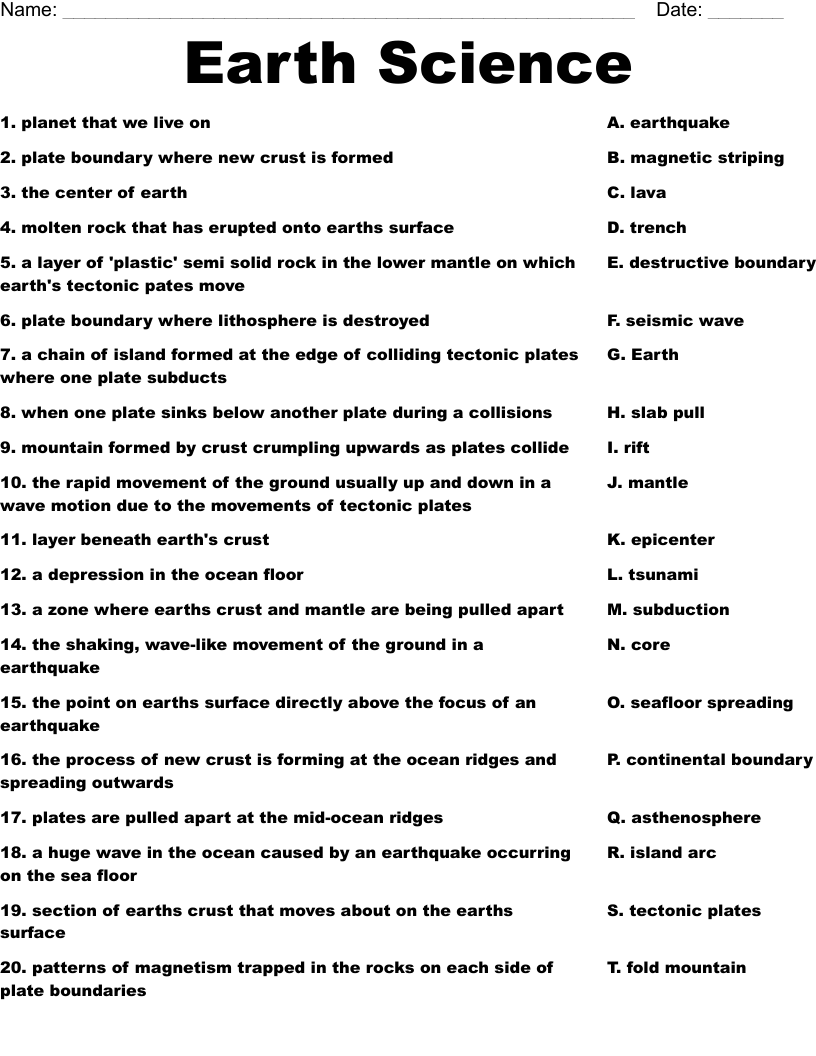 Earth Science  Worksheet