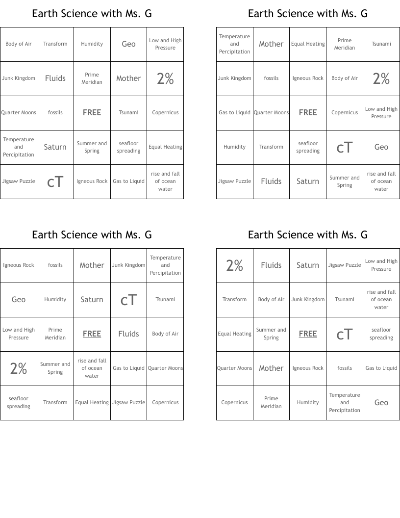 Earth Science with Ms. G Bingo Cards