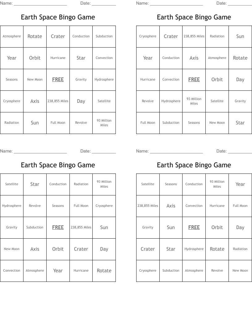 Earth Space Bingo Game