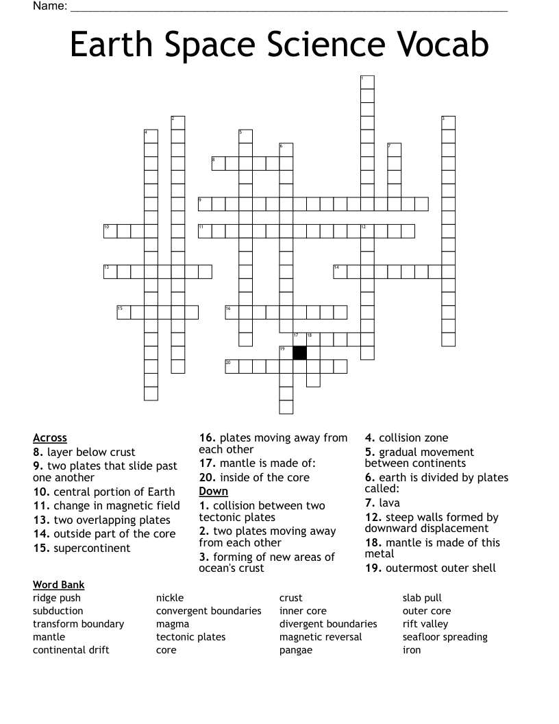Earth Space Science Vocab Crossword