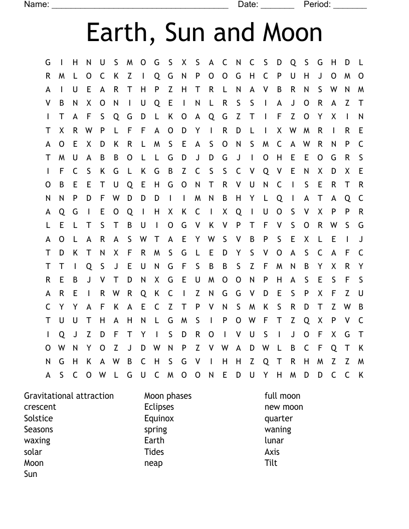 Earth, Sun and Moon Word Search