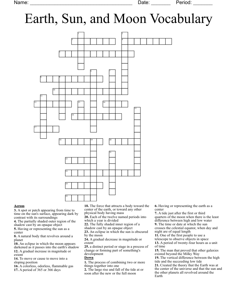Earth, Sun, and Moon Vocabulary Crossword