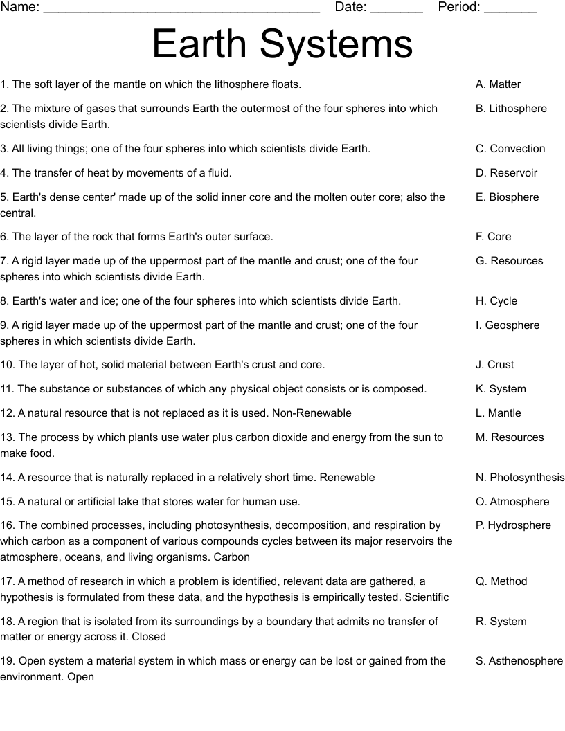 Earth Systems Worksheet