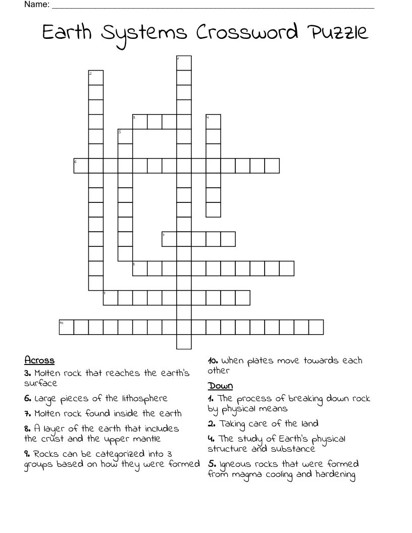 Earth Systems Crossword Puzzle