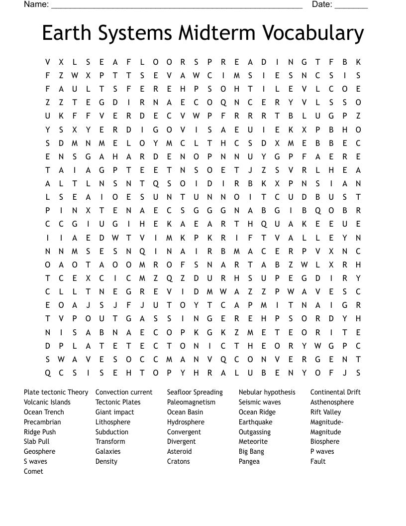 Earth Systems Midterm Vocabulary Word Search