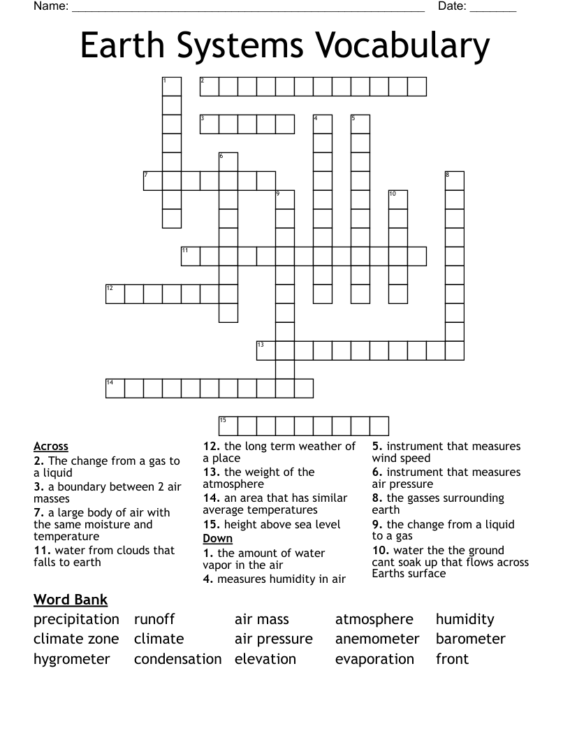 Earth Systems Vocabulary Crossword