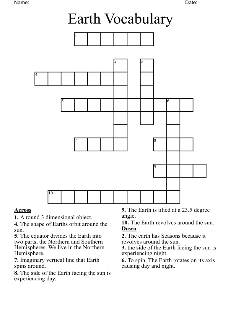 Earth Vocabulary Crossword