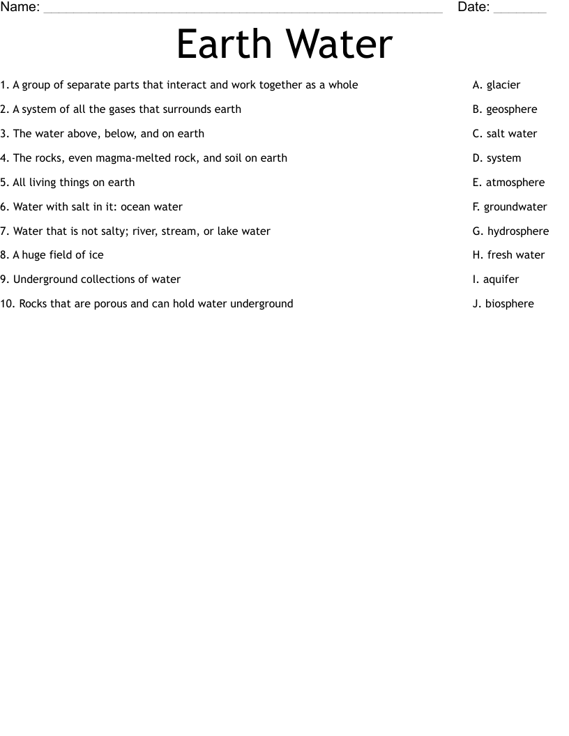 Earth Water Worksheet
