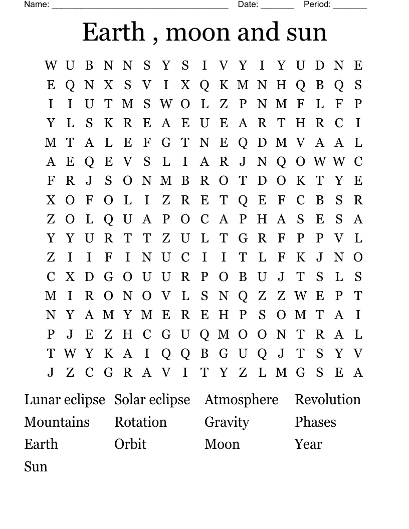 Earth , moon and sun  Word Search
