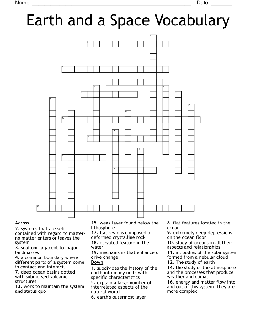 Earth and a Space Vocabulary Crossword