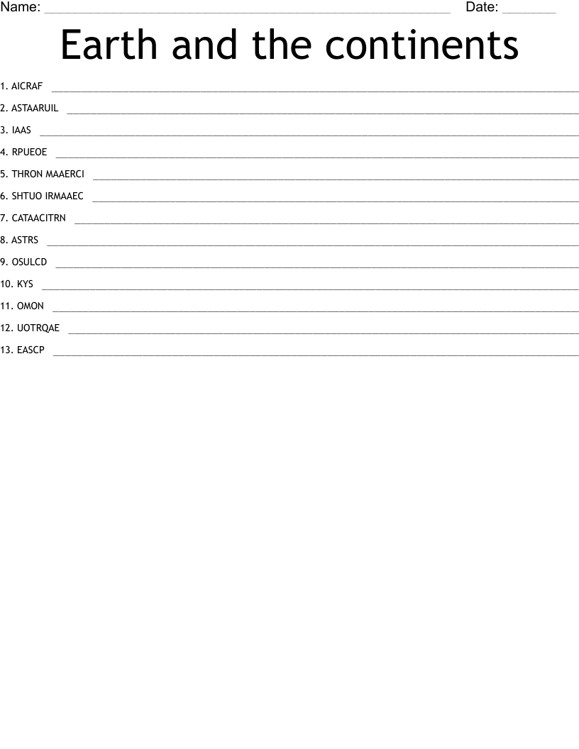 Earth and the continents  Word Scramble