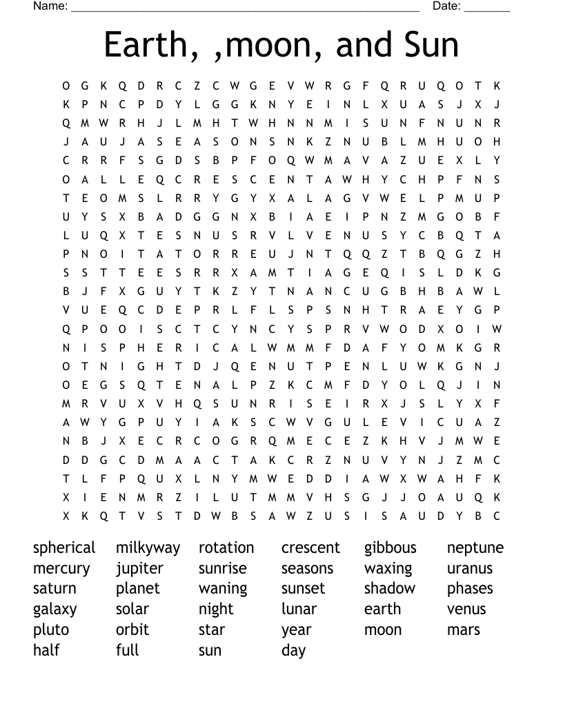 Earth, ,moon, and Sun Word Search