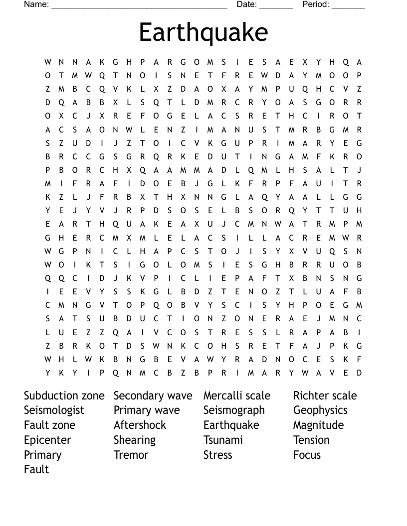 Earthquake Word Search