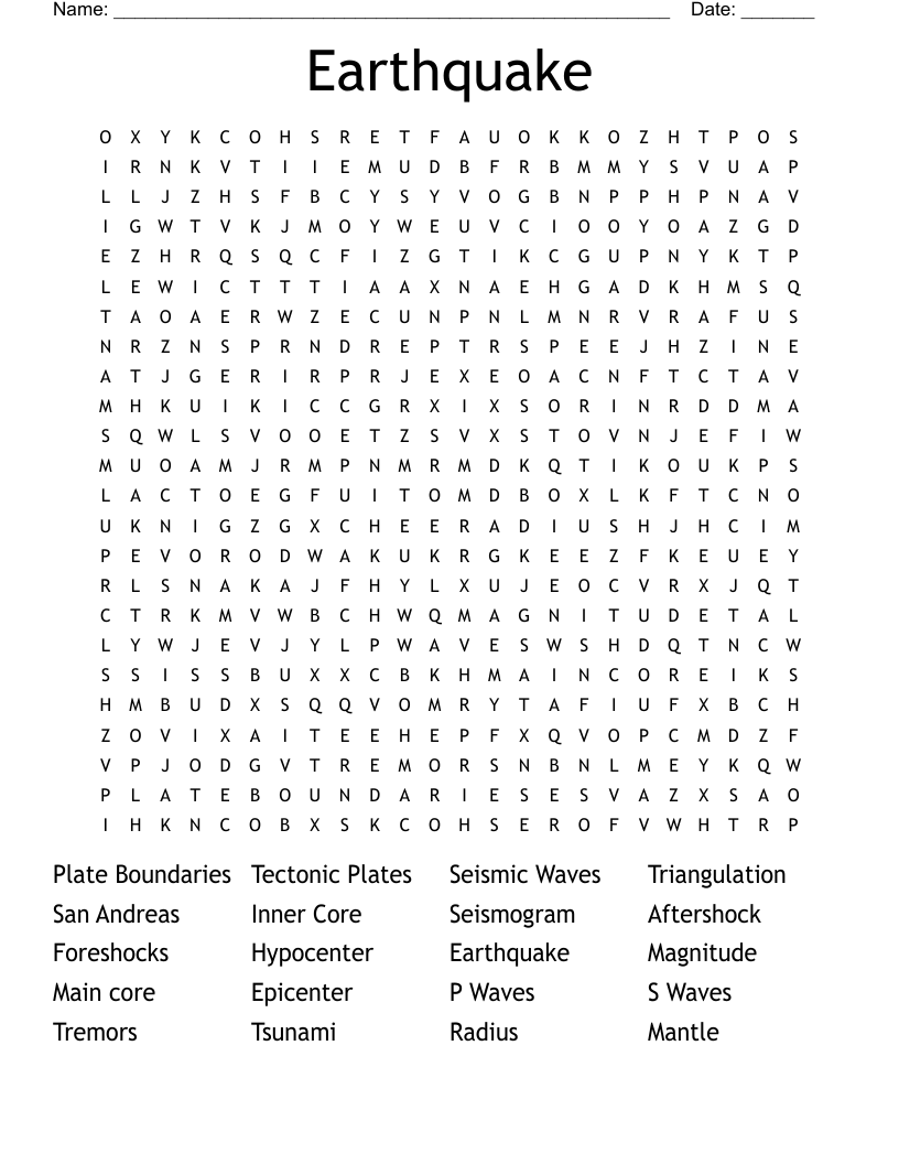 Earthquake Word Search