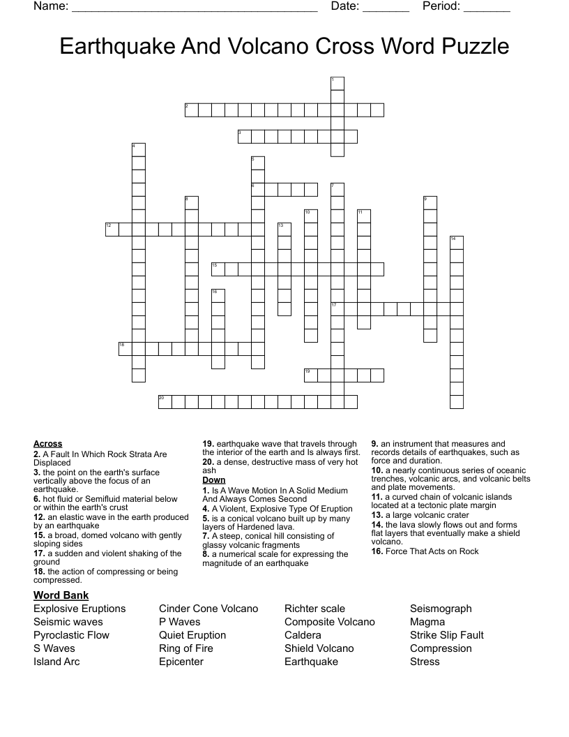 Earthquake And Volcano Cross Word Puzzle