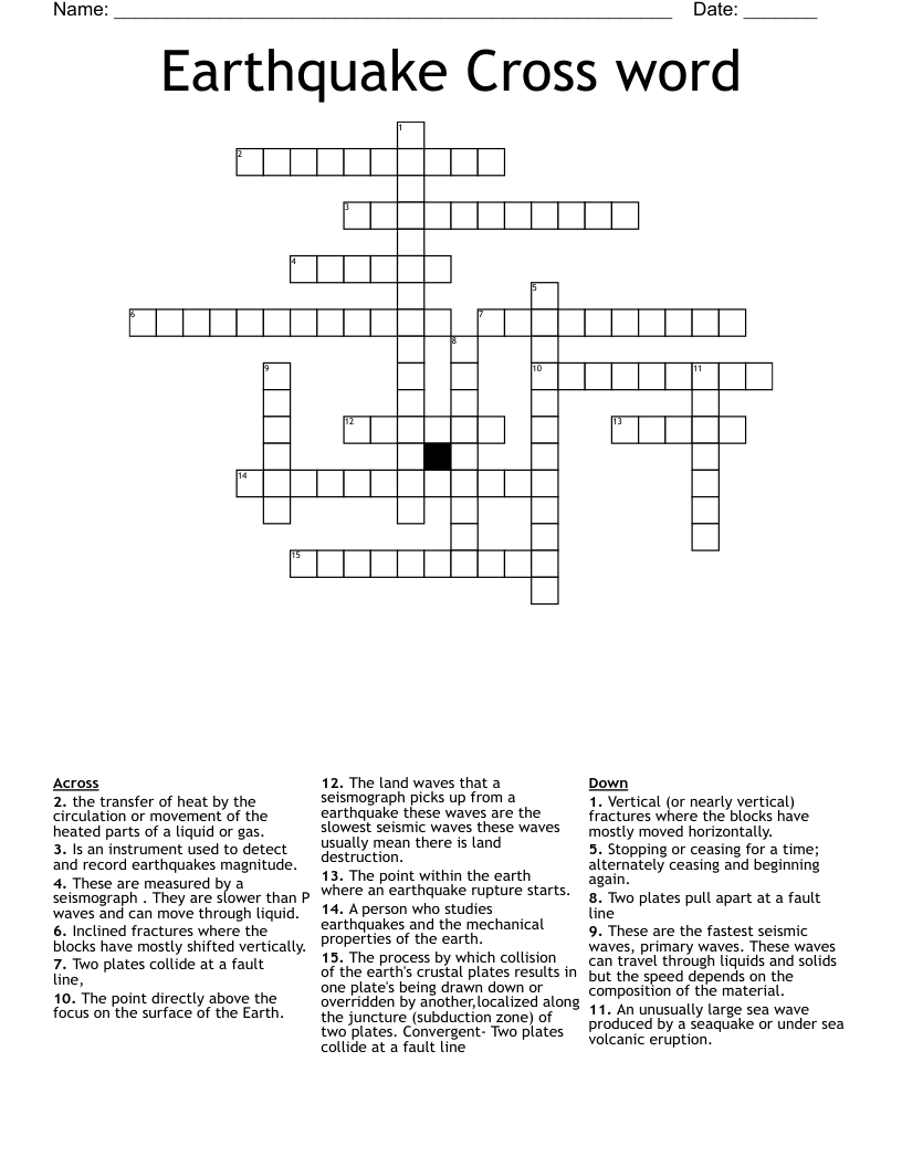 Earthquake Cross word