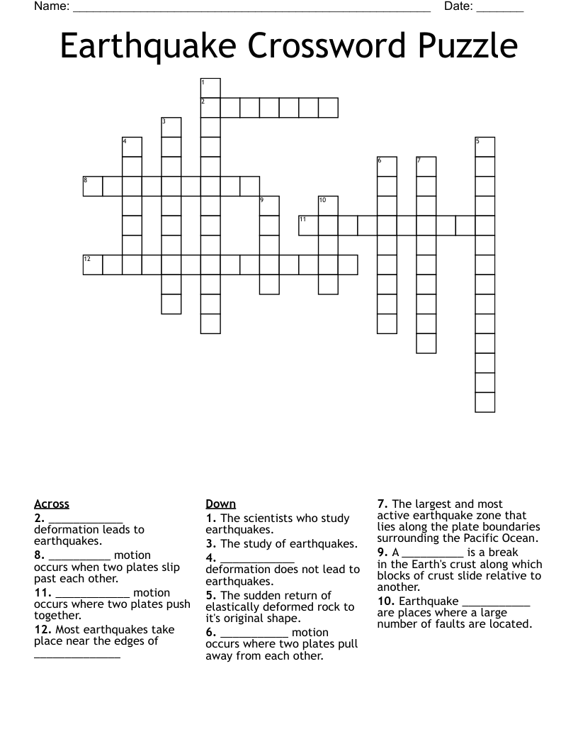 Earthquake Crossword Puzzle