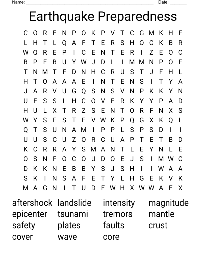Earthquake Preparedness Word Search